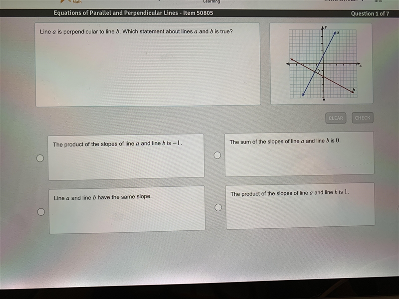 Line A is perpendicular to line B. Which statement about lines A and B is true-example-1