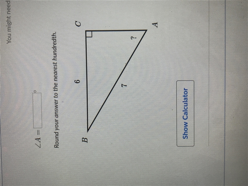 What is angle A equal to? Round your answer to the nearest hundredth. I have no idea-example-1