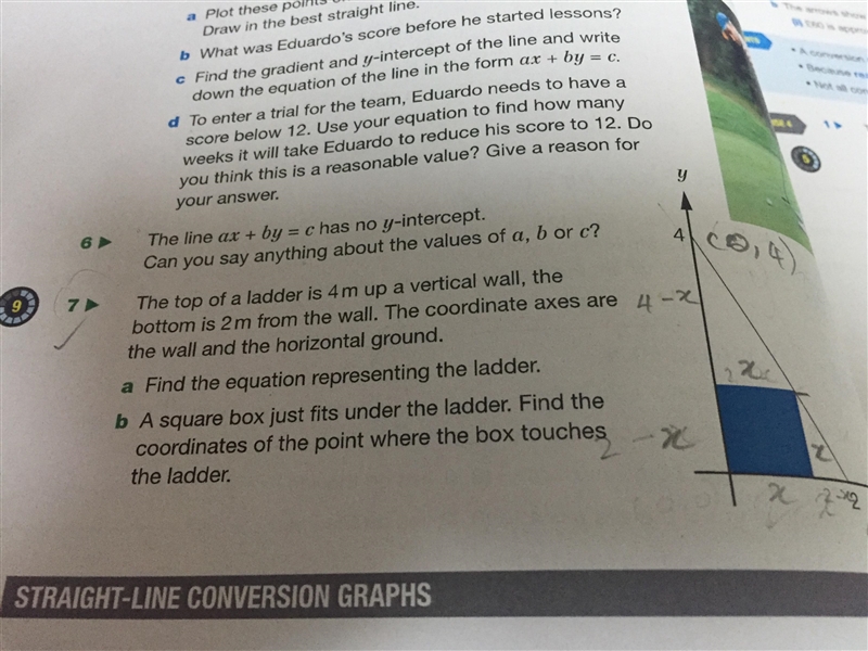 The top of a ladder is 4m up a vertical wall.The bottom is 2m from the wall.The coordinate-example-1