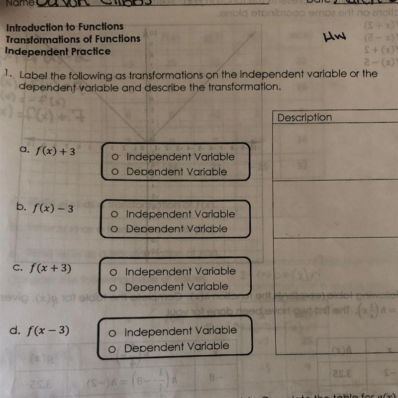 1. Label the following as transformations on the independent variable or the dependent-example-1