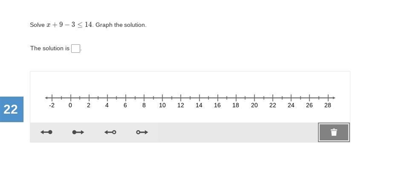 Solve x+9−3≤14. Graph the solution.-example-1