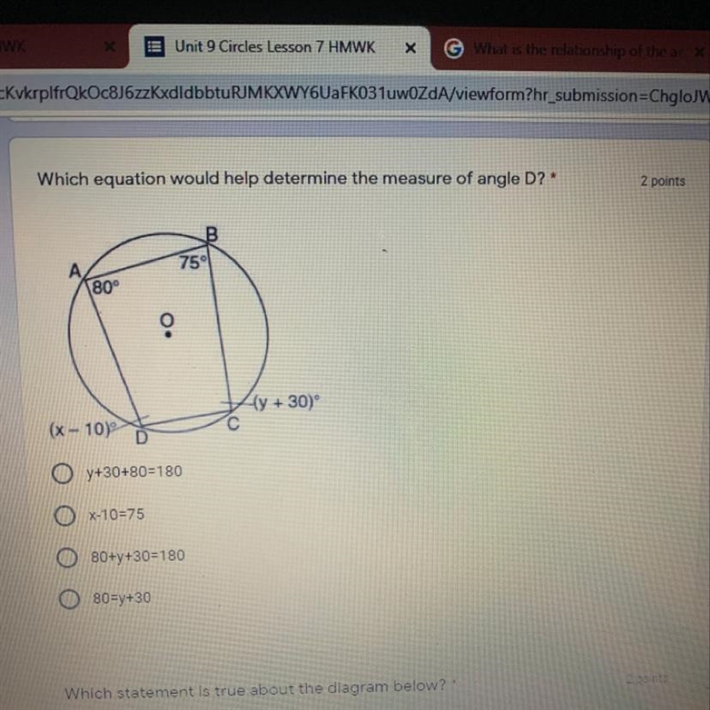 Which equation would help determine the measure of angle D?-example-1