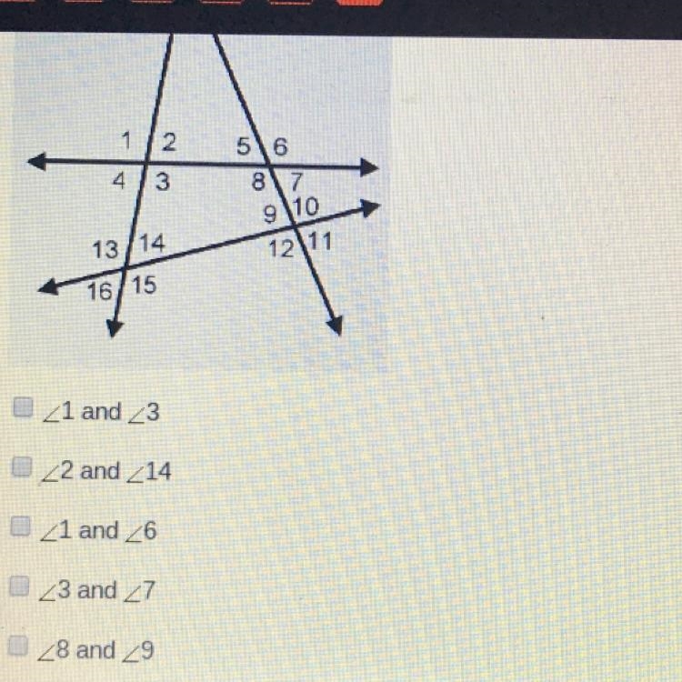 Which angles are pairs of corresponding angles? Check all that apply.-example-1