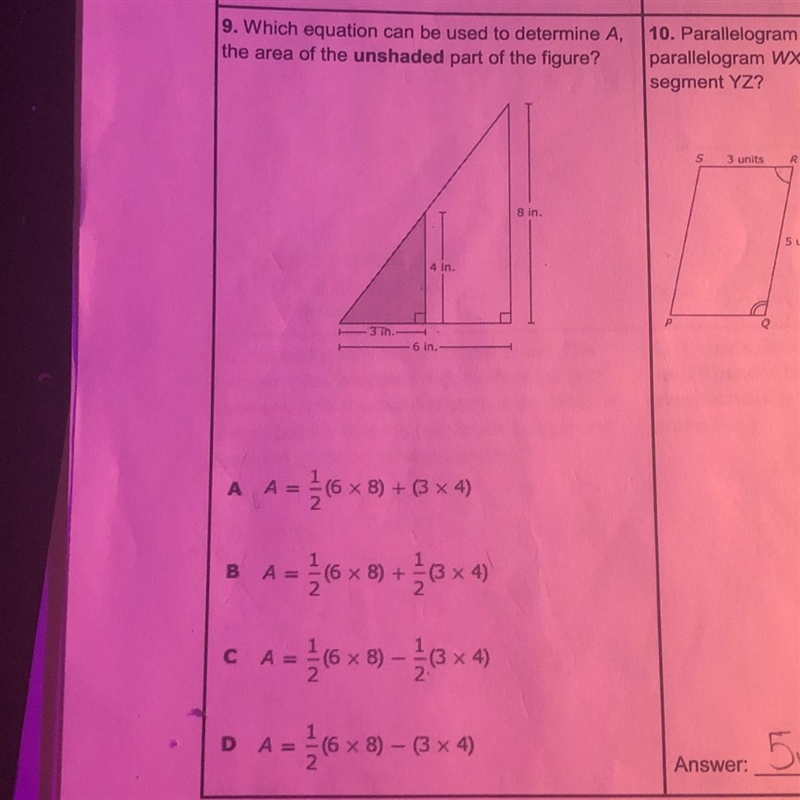 9. Which equation can be used to determine A, the area of the unshaded part of the-example-1