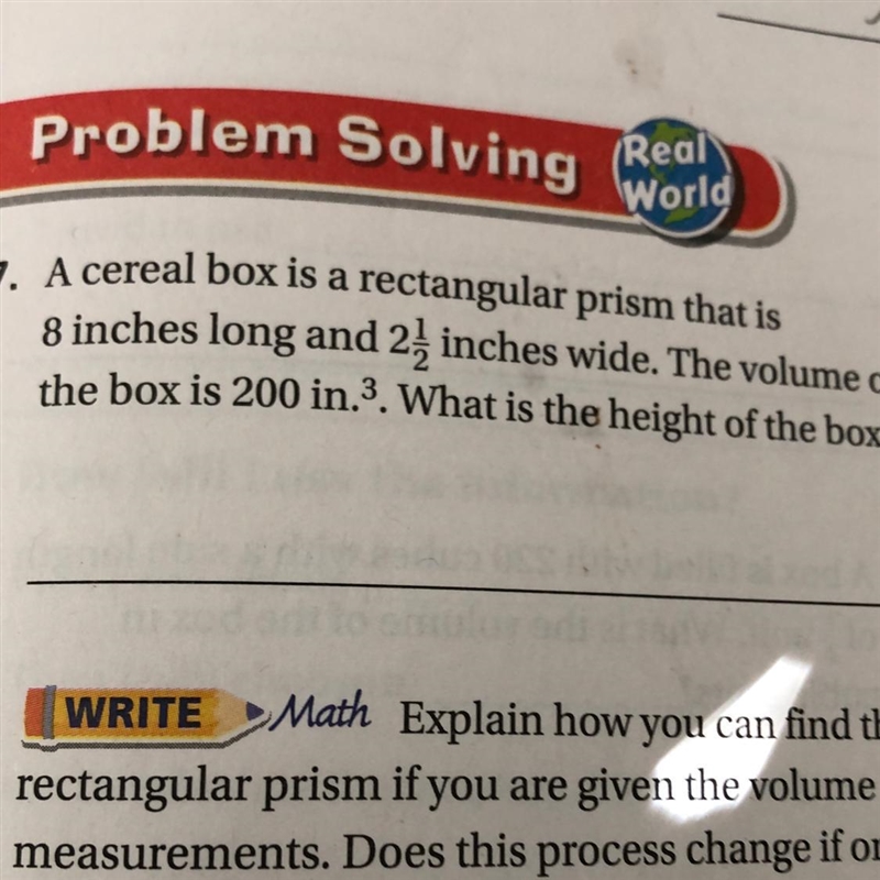 A cereal box is a rectangular prism that is 8 inches long and 2 1/2 inches wide. The-example-1