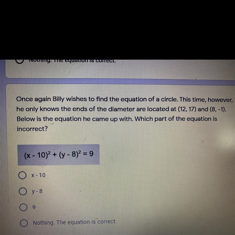 billy wishes to find the equation of a circle. this time however he only knows the-example-1