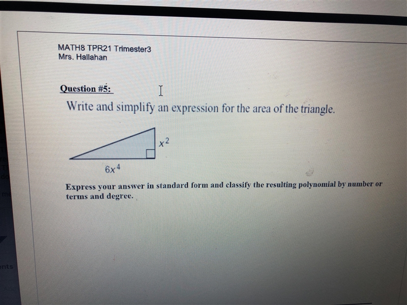 please help! write and simplify an expression for the area of the triangle. the directions-example-1