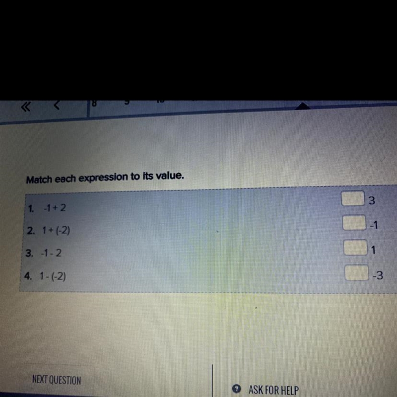 Match each expression to its value. 3 1. 1+2 -1 2. 1 + (-2) 1 3.-1-2 -3 4. 1-1-2) NOS-example-1