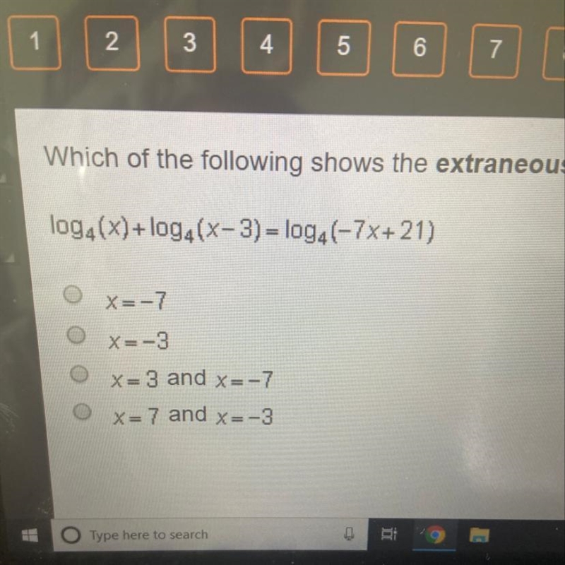 Which of the following shows extraneous solutions to the logarithmic equation? (See-example-1