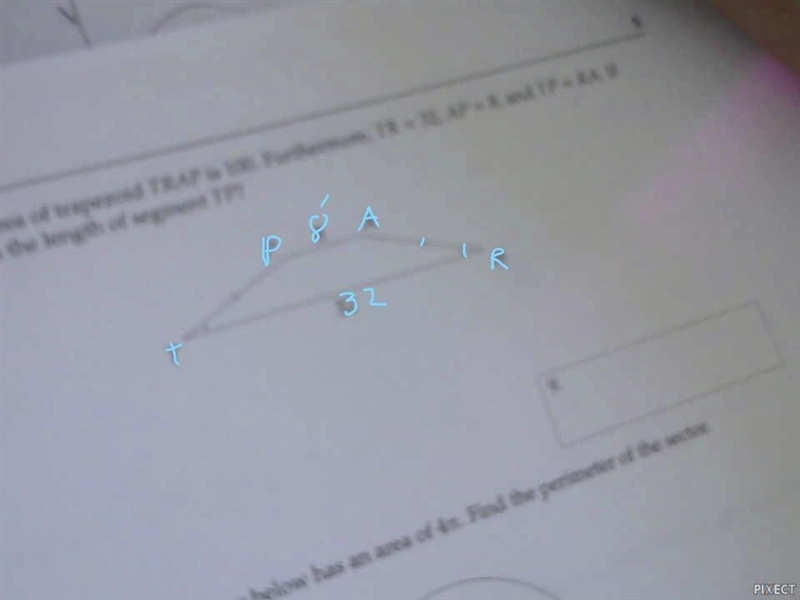 The area of trapezoid TRAP is 100. Furthermore, TR = 32, AP = 8, and TP = RA. If AngleT-example-1