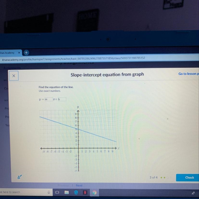 Find the equation of the line. Use exact numbers. y =-example-1