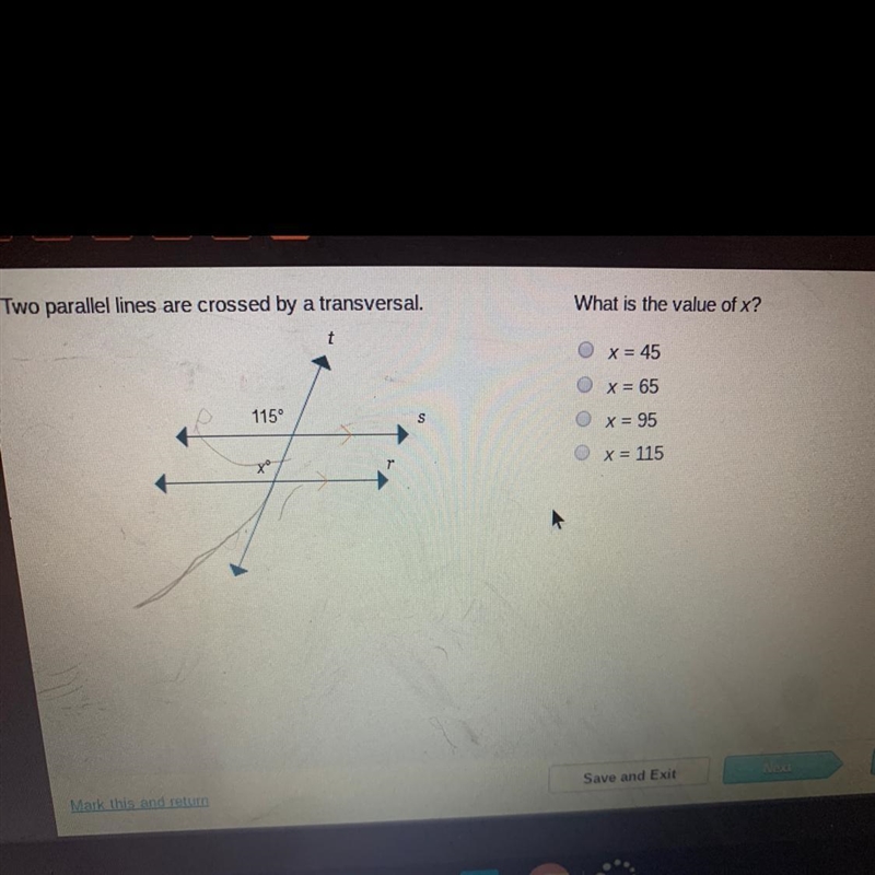 Two parallel lines are crossed by a transversal. What is the value of x?-example-1