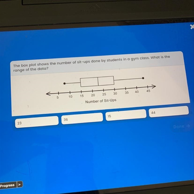 the box plot shows the number of sit ups done by students in a gym class . what is-example-1