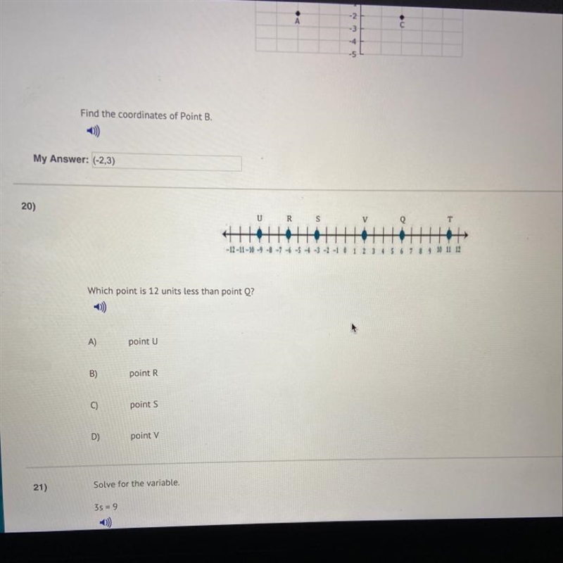 Which point is 12 units less than point Q? (A).Point U (B).Point R (C).Point S (D-example-1