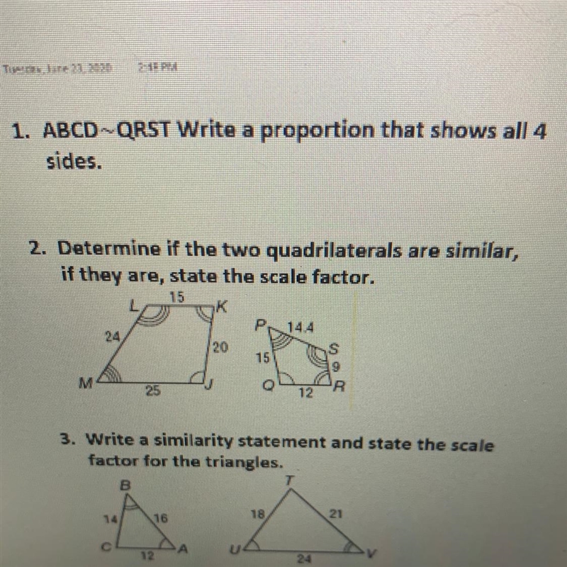 2. Determine if the two quadrilaterals are similar, if they are, state the scale factor-example-1