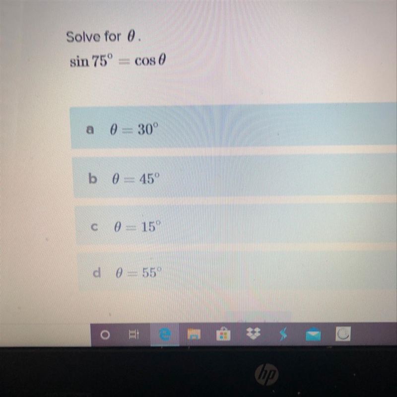 Solve for 0. Sin 75° = cos 0-example-1