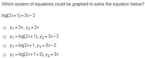 Which system of equations could be graphed to solve the equation below? log (2 x + 1) = 3 x-example-1