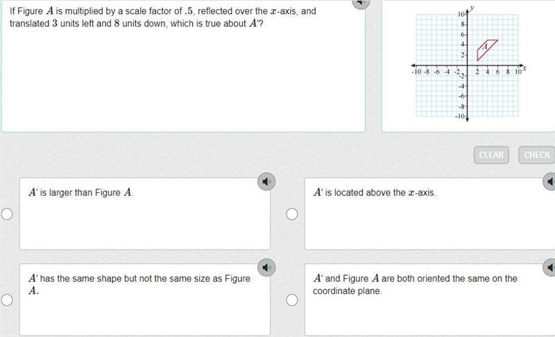 If Figure A is multiplied by a scale factor of .5, reflected over the x-axis, and-example-1