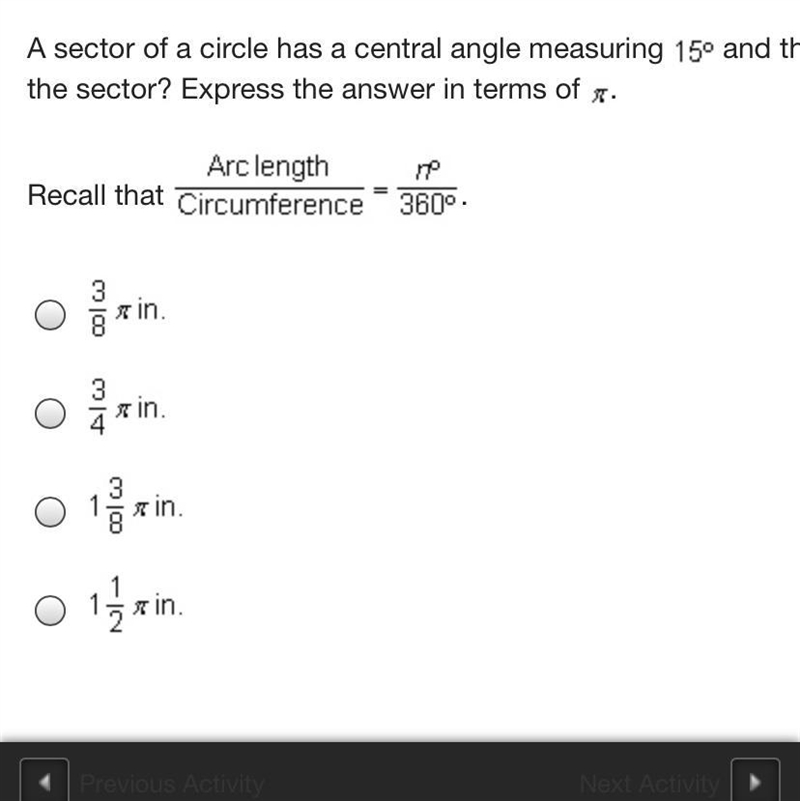 A sector of a circle has a central angle measuring 15 degrees and the radius of the-example-1