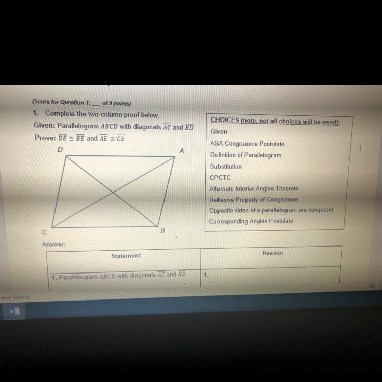 Statement 1. Parallelogram ABCD with diagonals AC and BD 2.BC|| AD 3.CBD= ADB and-example-1