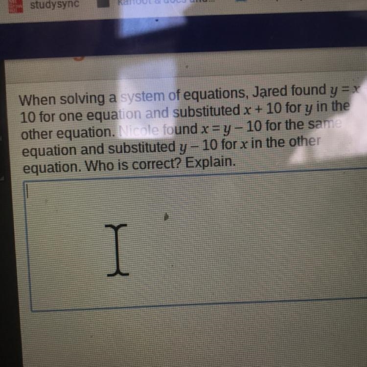 When solving a system of equations Jared find Y equals X +10 for one equation and-example-1