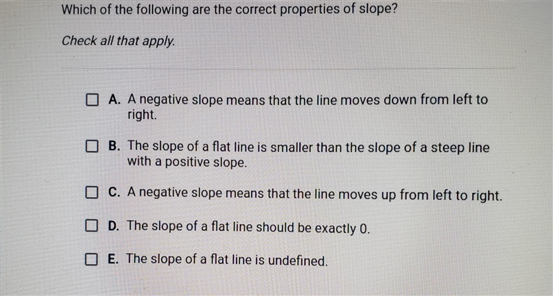 Which of the following are the correct properties of slope? Check all that apply-example-1