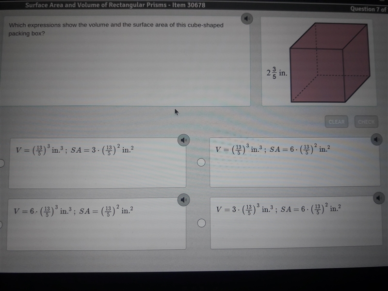 Which expressions show the volume and the surface area of thid cube-shaped packing-example-1