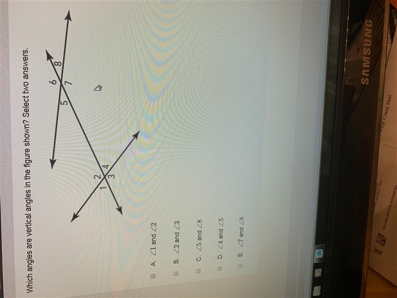 Which angles are vertical angles in the figure shown select two answers-example-1