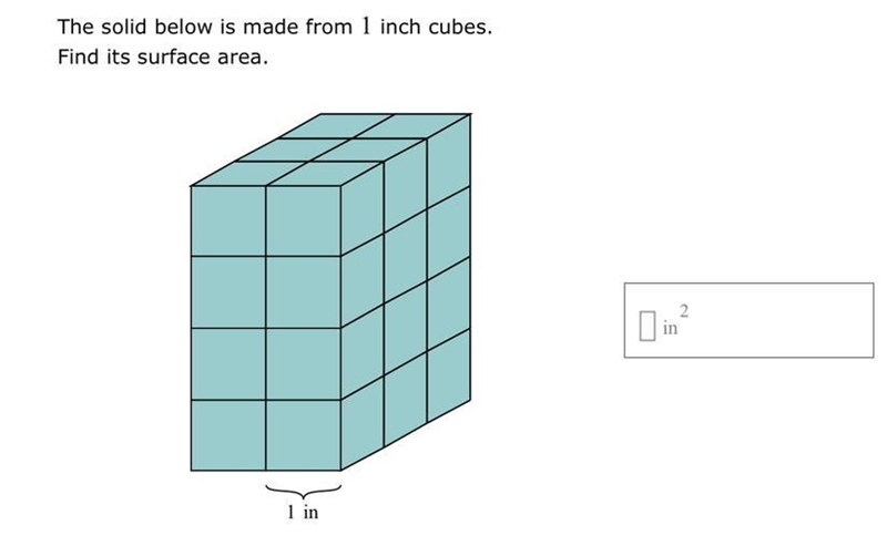 The solid below is made from 1 inch cubes. Find it’s surface area.-example-1