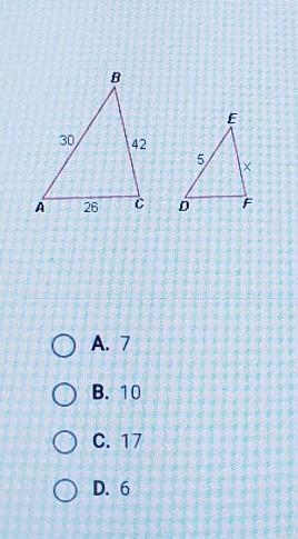 Given that Triangle ABC ~ DEF, solve for X.​-example-1