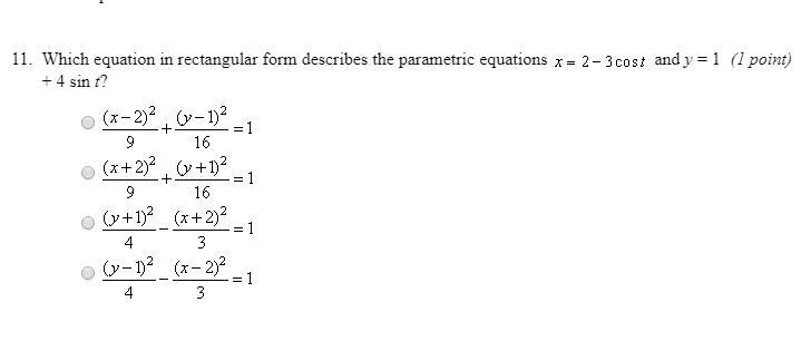 1) What is the shape of the graph of the following parametric equations? x = 3 cos-example-1