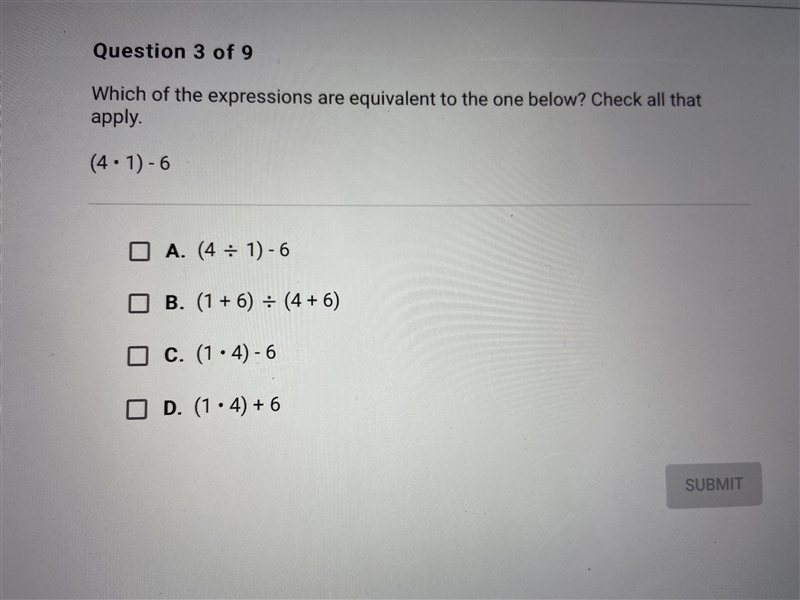 Which of the expressions are equivalent to the one below? (4x1)-6-example-1