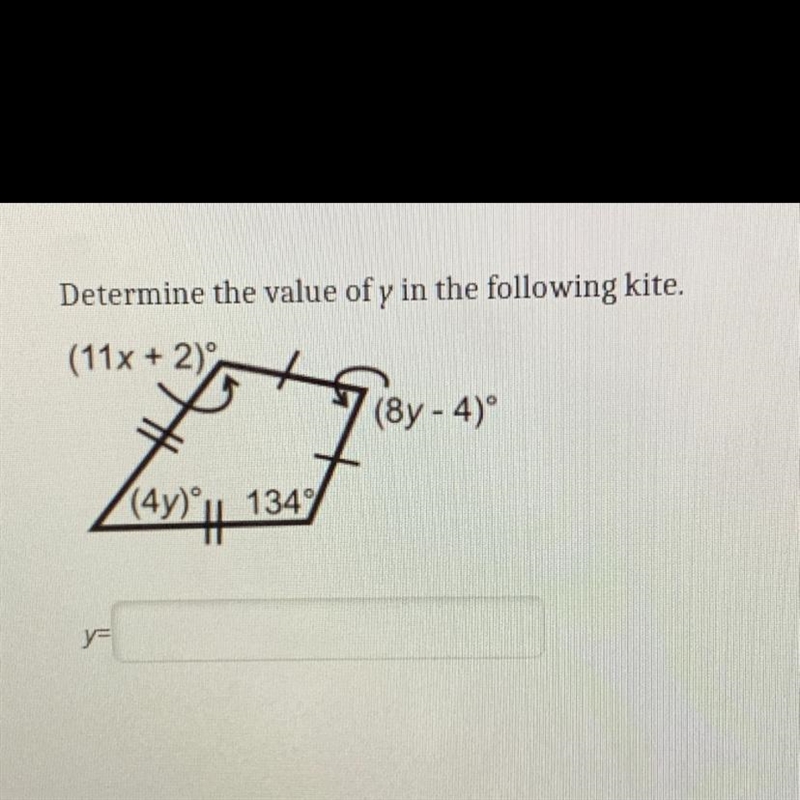 Determine the value of y in the following kite. (11x + 2) (8y - 4) (4y) 134-example-1