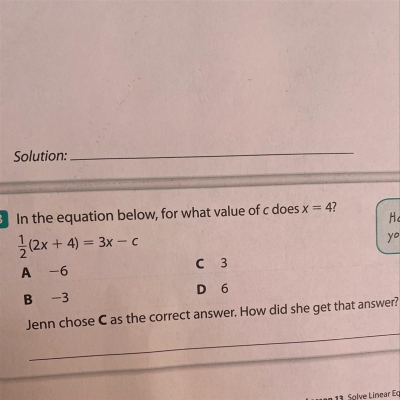 In the equation below, for what value of c does x = 4? 1 / (2x + 4) = 3x-c-example-1