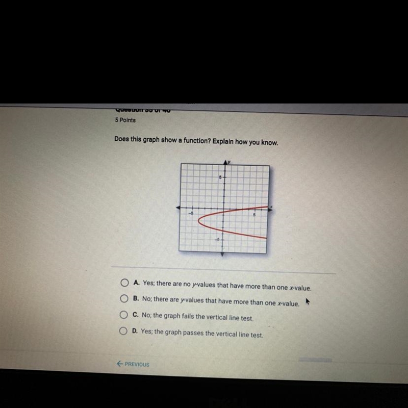 Does this graph show a function? Explain how you know. A. Yes, there are no y-values-example-1