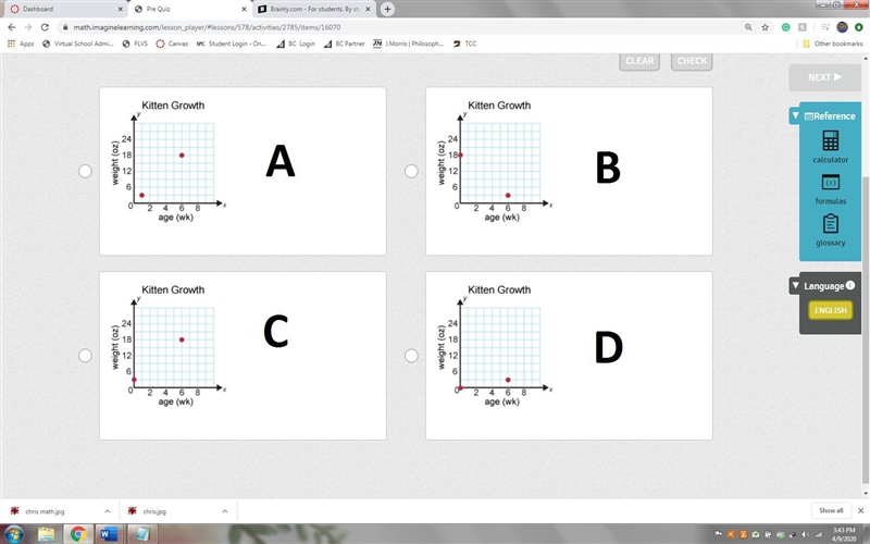 A kitten weighed 3 ounces at birth and grew to 18 ounces in 6 weeks. Which graph shows-example-1