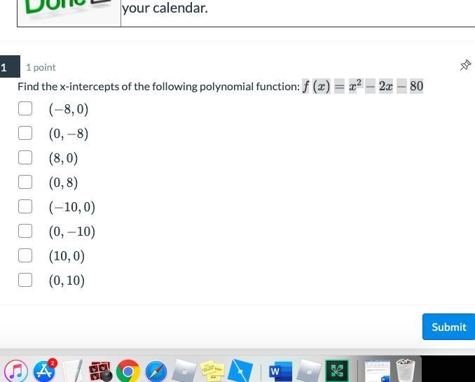 Find the x-intercepts of the following polynomial function'' f (x) = x^2 - 2x - 80-example-1