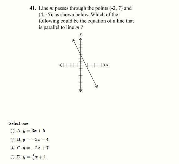 Line m passes through the points (-2,7) and (4,-5), as shown below. Which of the following-example-1