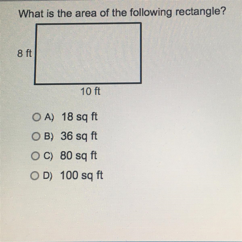 What is the area of the following rectangle? A) 18 sq ft B) 36 sq ft C) 80 sq ft D-example-1