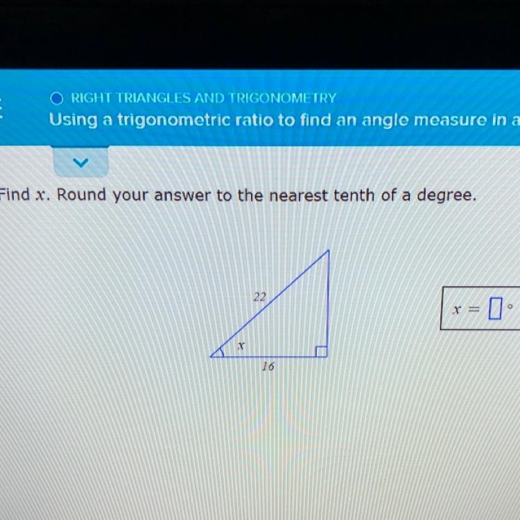 Using a trigonometric ratio to find the angle measure in a right triangle ‼️ round-example-1