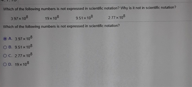 Which of the following numbers is not expressed in scientific notation? Why is it-example-1