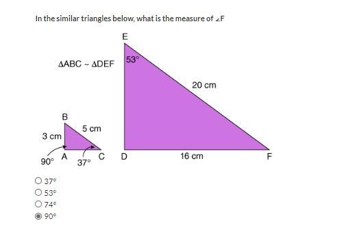 In the similar triangles below, what is the measure of ∠B 37° 53° 74° 90°-example-1