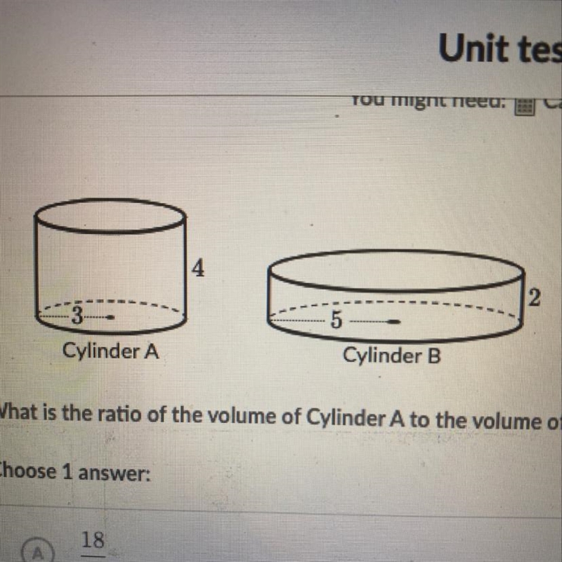 What is the ratio of the volume of Cylinder A to the volume of Cylinder B? A. 18/25 B-example-1