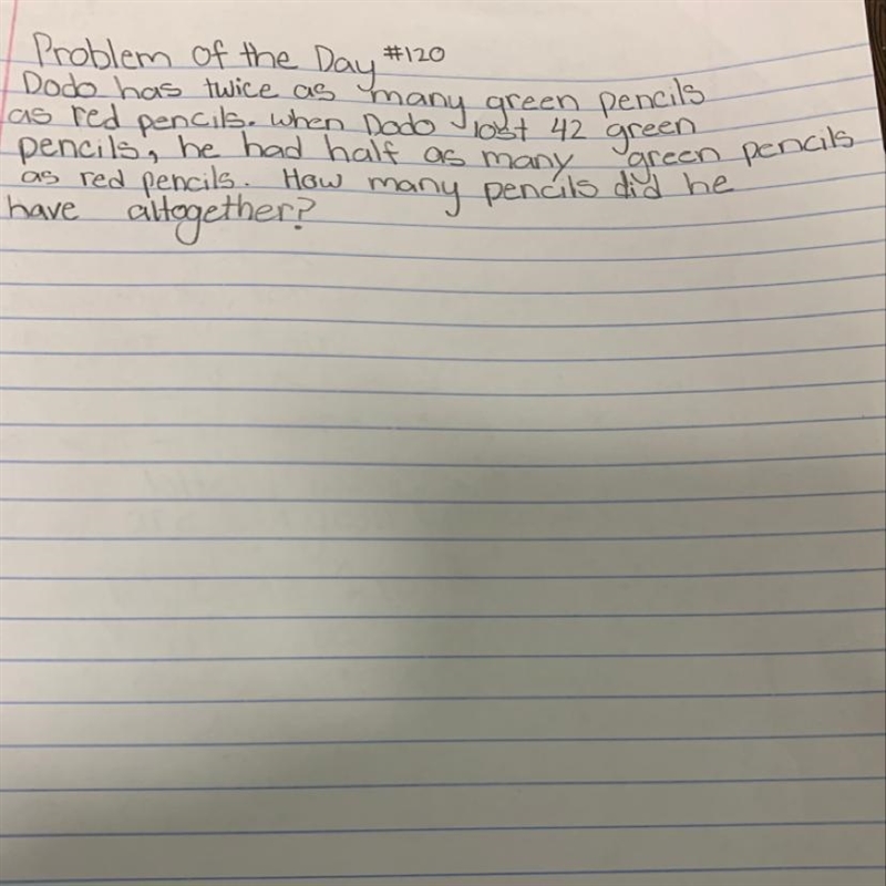 Dodo has twice as many green pencils as red pencils. WHEN DODO LOST 42 green pencils-example-1