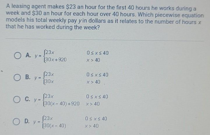 A leasing agent makes $23 an hour for the first 10 hours he works during a week and-example-1