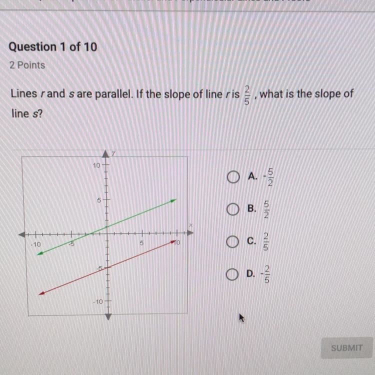 Lines rand s are parallel. If the slope of line ris what is the slope of 2/5 line-example-1