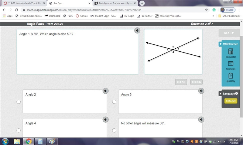 Angle 1 is 50°. Which angle is also 50°? (A) Angle 2 (B) Angle 3 (C) Angle 4 (D) No-example-1