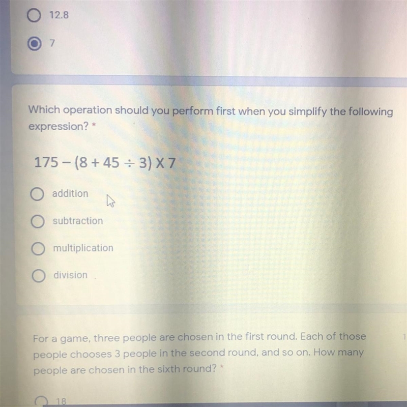 Pls answer fast!! Which operation should you perform first when you simplify the following-example-1