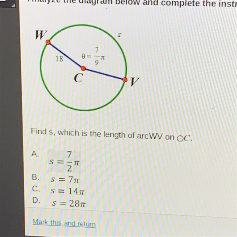 Find s, which is the length of arcWV on OC.-example-1