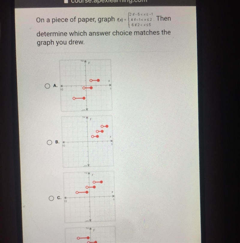 Help!!! On a piece of paper graph then determine which answer choice matches the graph-example-1